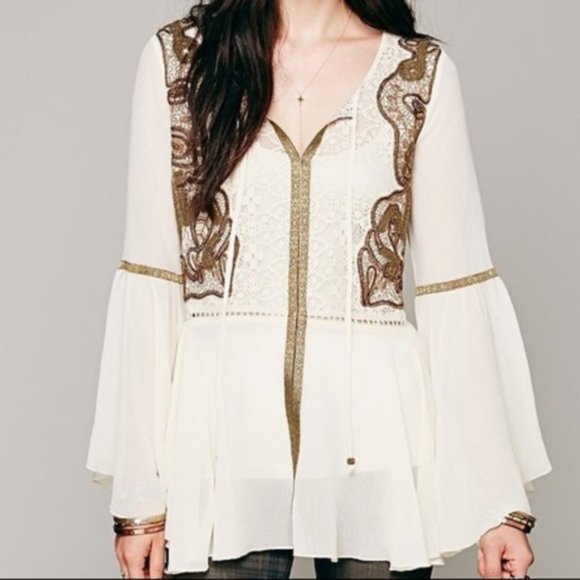 Free People Sz S Golden Moments bell sleeve top - Picture 1 of 16
